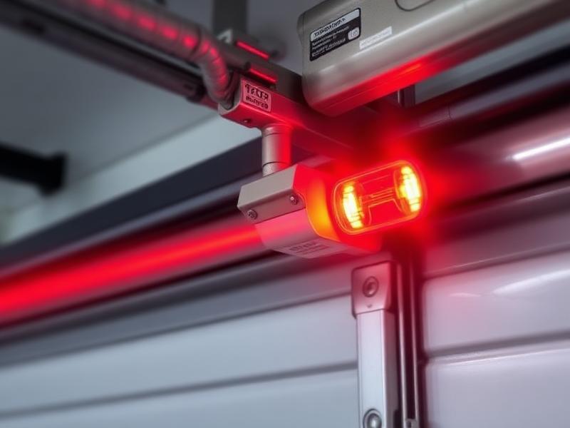 Garage door safety sensor with infrared beam for safety reversal testing