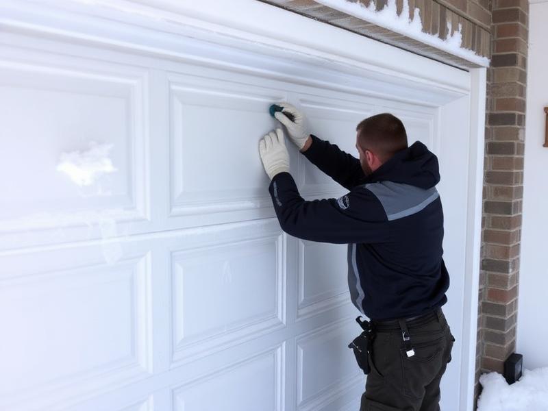 Technician winterizing garage door with weatherstripping in snowy conditions