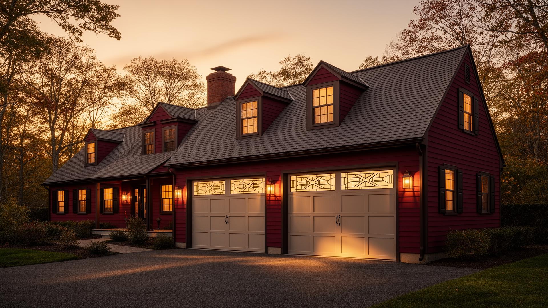 Wakefield Garage Doors - Beautiful New England colonial home with custom wood garage doors at golden hour in Massachusetts